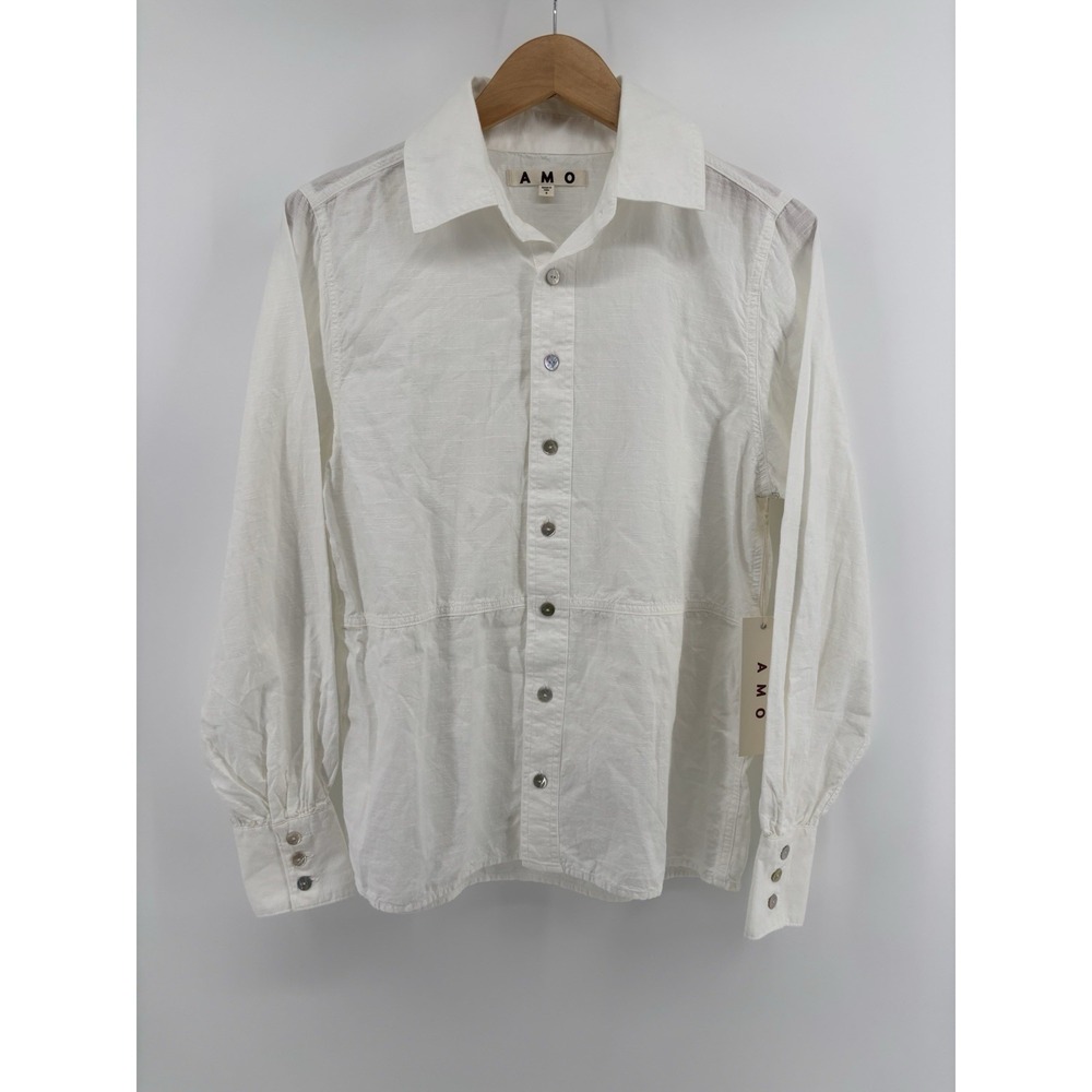 NWT AMO Dominique Shirt Sz S Button Up Mother Of Pearl Buttons Classic Chic
